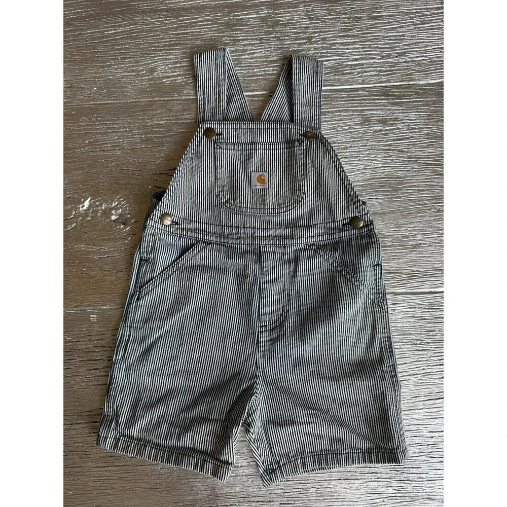Carhartt Kids 4T Hickory Stripe Bib Overall Shorts Railroad Engineer Denim